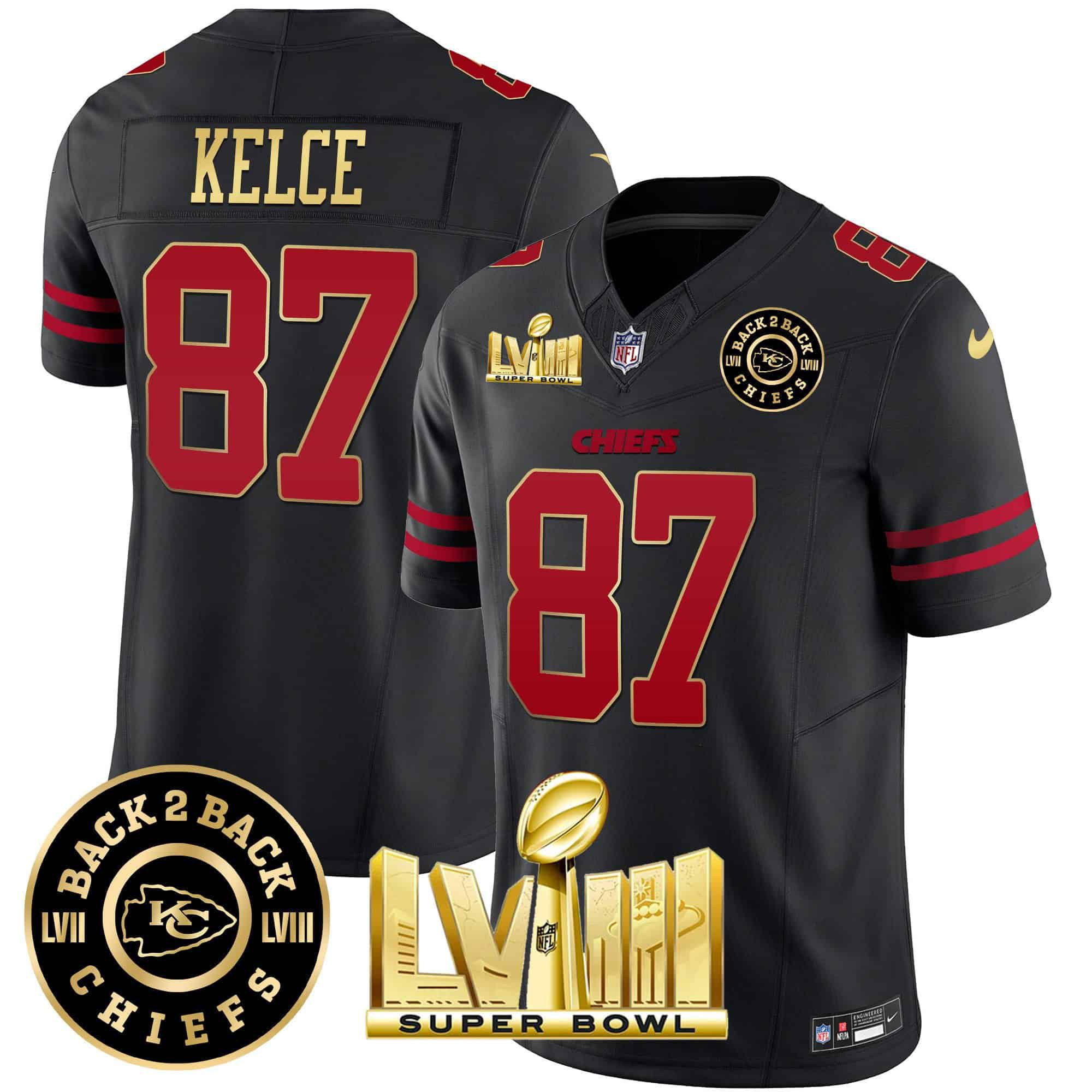 Men Kansas City Chiefs 87 Kelce Black 2024 Nike Super Bowl LVIII & Back 2 Back Patch Vapor NFL Jersey style 1